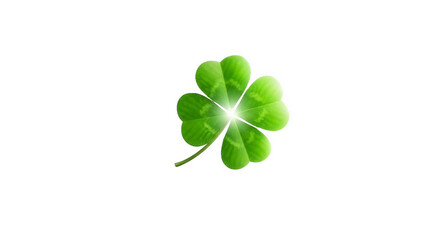 A vibrant green four leaf clover with a bright white light shining through it isolated on transparent background