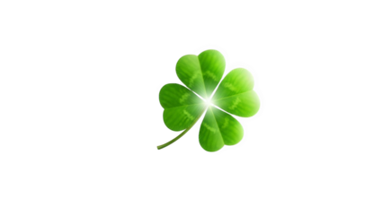 A vibrant green four leaf clover with a bright white light shining through it isolated on transparent background