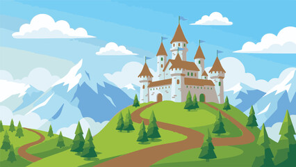 Cartoon fantasy castle landscape with mountains, trees, and blue sky © StockStudio