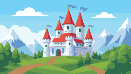 Fantasy Fairytale Castle Illustration with Mountains and Green Hills © StockStudio