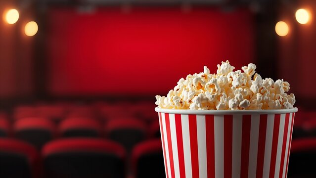 A large bucket of popcorn in a movie theater with red seats and lights