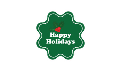 Scalloped Edge Happy Holidays Label with Holly Graphic, Green Festive Sticker for Seasonal Greetings