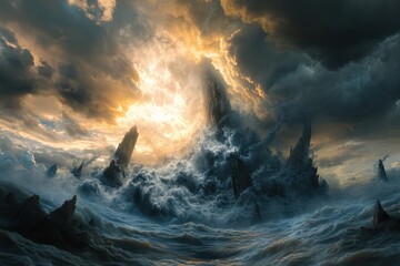 Majestic mountain landscape shrouded in dramatic clouds and illuminated by a radiant sunset