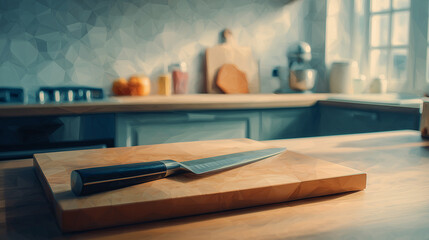 朝のキッチンでまな板の横に置かれた包丁が、これから始まる調理時間を静かに予感させる水彩ポリゴン