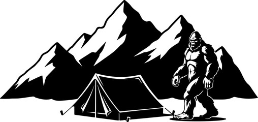 Bigfoot Silhouette in Mountain Wilderness Illustration