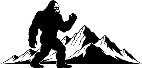 Bigfoot Silhouette in Mountain Wilderness Illustration