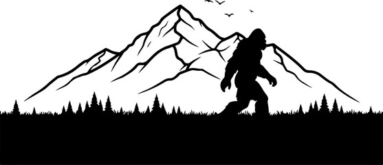 Bigfoot Silhouette in Mountain Wilderness Illustration