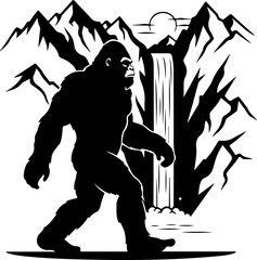 Bigfoot Silhouette in Mountain Wilderness Illustration
