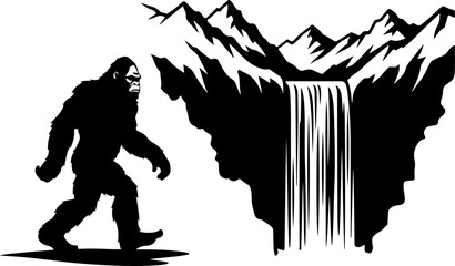 Bigfoot Silhouette in Mountain Wilderness Illustration