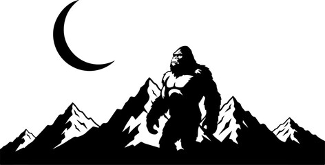Bigfoot Silhouette in Mountain Wilderness Illustration