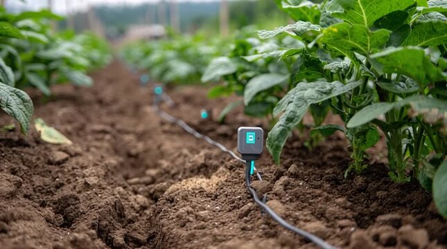 Conceptual agricultural technology scene showing a bio-sensor embedded in soil transmitting glowing data signals to a floating cloud interface above, symbolizing smart farming, precision agriculture, 