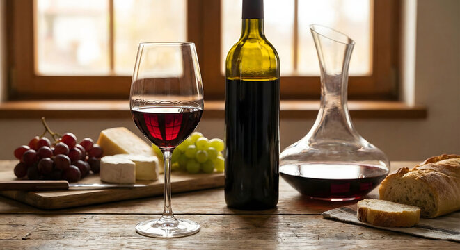 Red wine bottle and glass with decanter, grapes, cheese, and fresh bread on a rustic wooden table