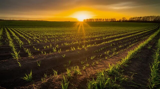 Sunset over a field of young corn plants.