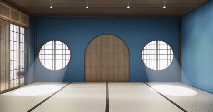 Blue Empty Mock up living room, minimal style with wooden details background 3D illustration rendering