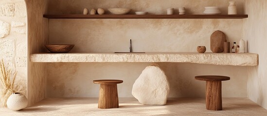 Minimalist Kitchen Interior with Stone Counter, Wooden Accents, and Warm Lighting