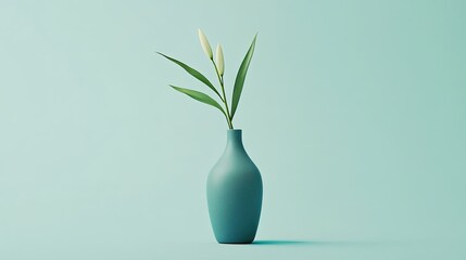 Minimalist Teal Vase with Delicate White Lily Buds on Soft Blue Background