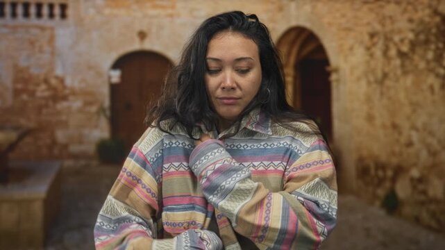 Woman with arms crossed over chest in building ruins wearing patterned jacket and looking down; melancholy solitude.