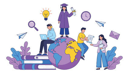 Modern global online education concept with diverse students and learning elements