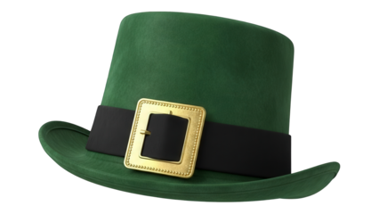 Green leprechaun hat with black band and gold buckle isolated on transparent background for st patricks day