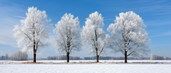 Winter landscape with trees covered in snow and ice under a clear sky and frost on the field providing space for text and design