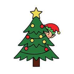 Obraz premium A cute Christmas tree with an elf peeking out from behind it. The tree is adorned with colorful baubles and topped with a star, perfect for holiday decoration.