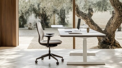 Modern Ergonomic Office Chair and Height-Adjustable Desk by Large Window with Olive Tree View