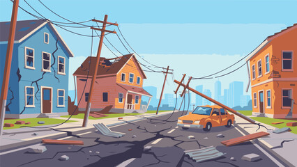 Urban street devastated by earthquake or natural disaster illustration