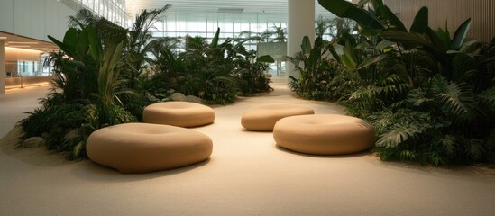 Modern Interior with Lush Greenery and Donut-Shaped Seating, Serene Ambiance.