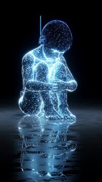Glowing blue digital wireframe of sad child sitting alone in darkness with reflection