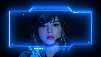 Young Woman in Futuristic Interface with Headset.