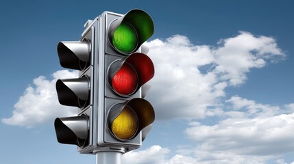Traffic light with green, yellow and red signals seen against a clear blue sky during daytime showing safe road usage and signaling