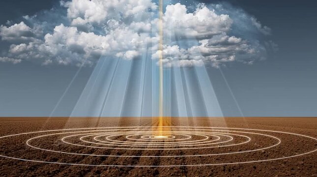 Conceptual agricultural technology scene showing a bio-sensor embedded in soil transmitting glowing data signals to a floating cloud interface above, symbolizing smart farming, precision agriculture, 