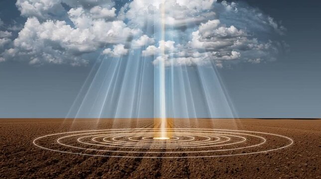 Conceptual agricultural technology scene showing a bio-sensor embedded in soil transmitting glowing data signals to a floating cloud interface above, symbolizing smart farming, precision agriculture, 