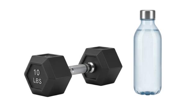 A black dumbbell and a clear water bottle on a transparent background for fitness and exercise concepts - Powered by Adobe