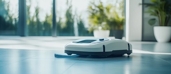 Modern Robotic Vacuum Cleaner Gliding on Tiled Floor in Bright Living Room