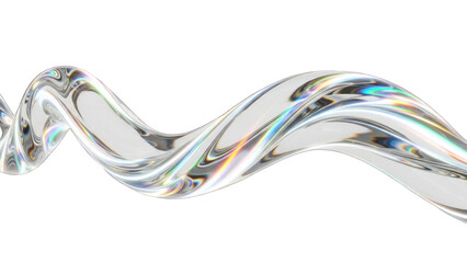 Abstract liquid chrome swirl with iridescent rainbow light reflections, clean white background