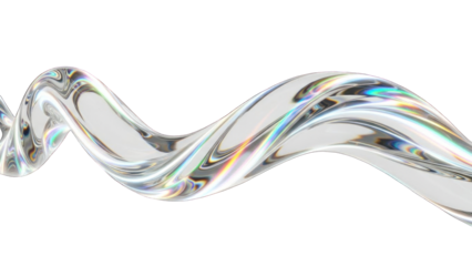 Abstract liquid chrome swirl with iridescent rainbow light reflections, clean white background