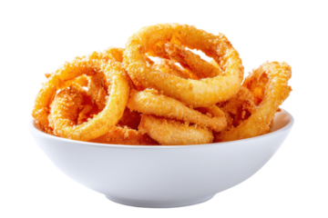 Crispy golden fried onion rings in a white bowl isolated on transparent background. Delicious crispy fried onion rings isolated on white background.