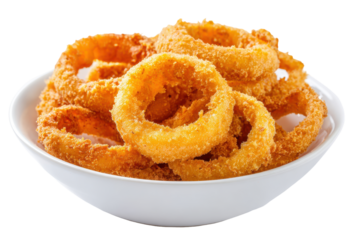Crispy golden onion rings in a white bowl isolated on transparent background. Crispy golden fried onion rings served in a white bowl isolated on white background.
