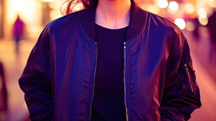 Moody Portrait of a Person in a Bomber Jacket with Bokeh City Lights Background