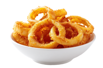 Crispy golden fried onion rings in a white bowl isolated on transparent background. Crispy golden onion rings piled high in a white bowl isolated on white background.