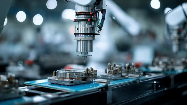 Medium shot of a robotic arm placing zinc alloy machinery parts into an assembly line for mass production.