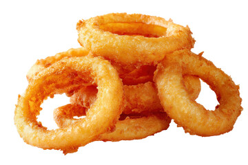 Crispy golden onion rings stacked together isolated on transparent background. Crispy golden onion rings stacked isolated on white background.