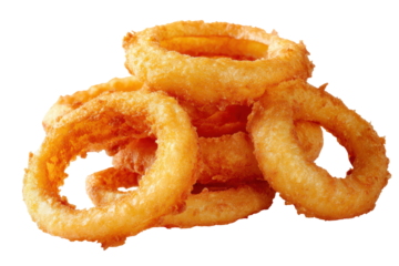 Crispy golden onion rings stacked together isolated on transparent background. Crispy golden onion rings stacked isolated on white background.
