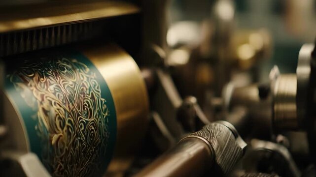 Medium shot of a printing press producing bespoke books with intricate cover designs highlighting the craftsmanship behind personalized publishing.