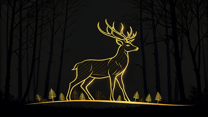 Golden deer standing in dark forest