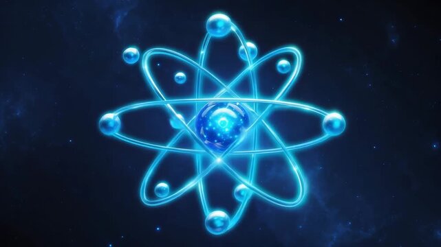 bluish atom with glowing electron orbits