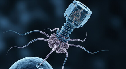 Bacteriophage attaching to a bacterial cell membrane illustrating virus structure and infection process in a microscopic view
