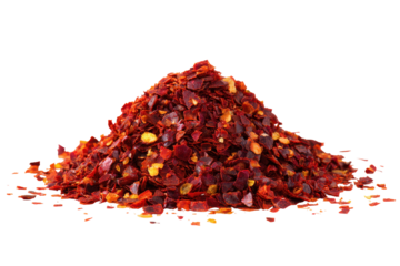 Pile of dried chili flakes isolated on transparent background. Pile of red pepper flakes isolated on white background.