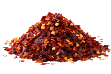 Pile of red chili flakes isolated on transparent background. Close up view of a pile of dried chili flakes isolated on white background.